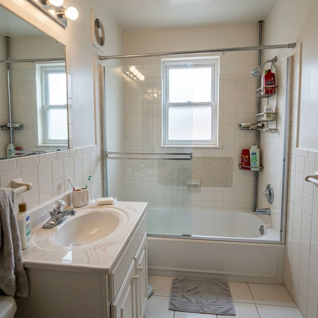 The same bathroom after cleaning: bright tile, clear glass and a spotless vanity