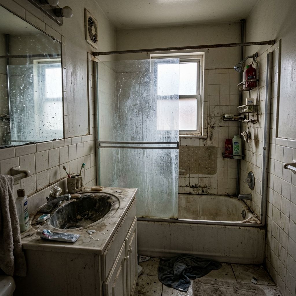 Bathroom before cleaning: stained tub surround, grimy vanity and cloudy glass