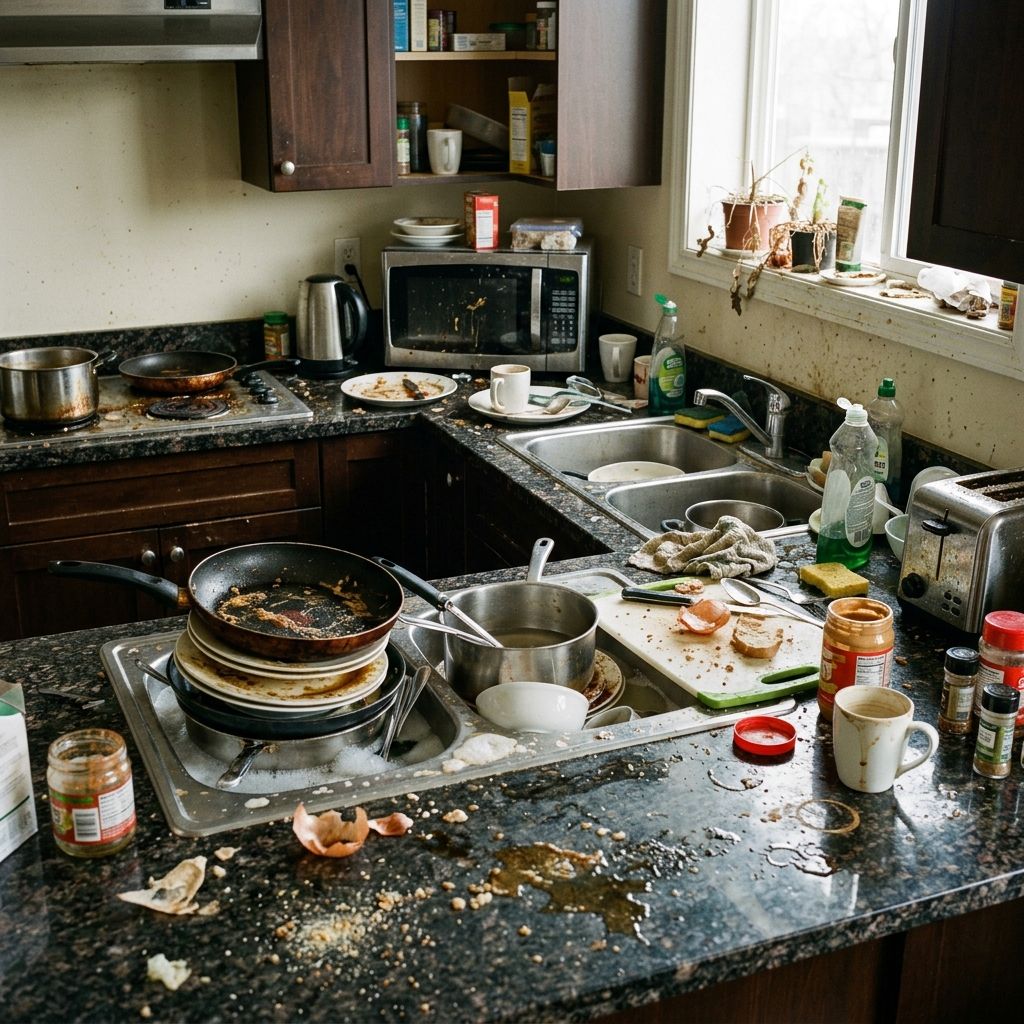 Kitchen before cleaning: dishes piled in the sink and food left across the counters