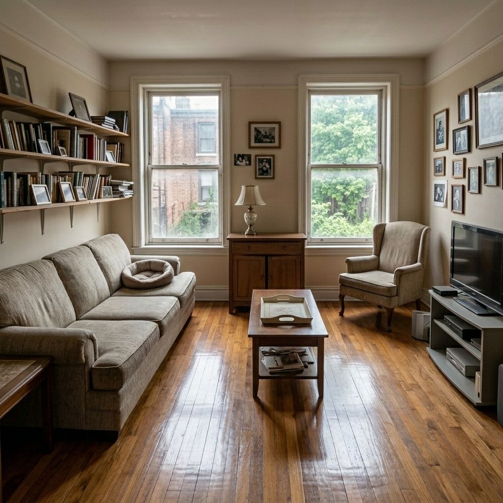 The same living room after cleaning: clear floors, tidy shelves and polished wood