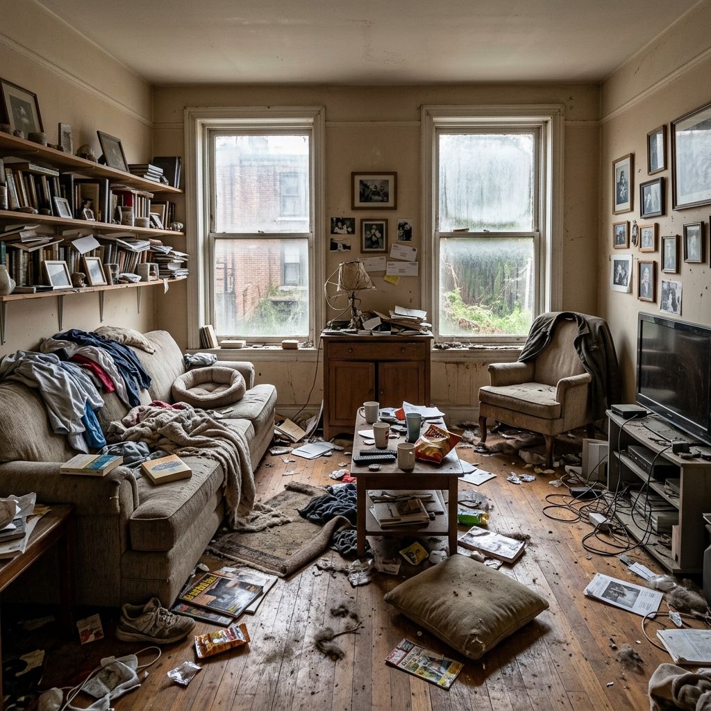 Living room before cleaning: clutter over the sofa, floor and side tables