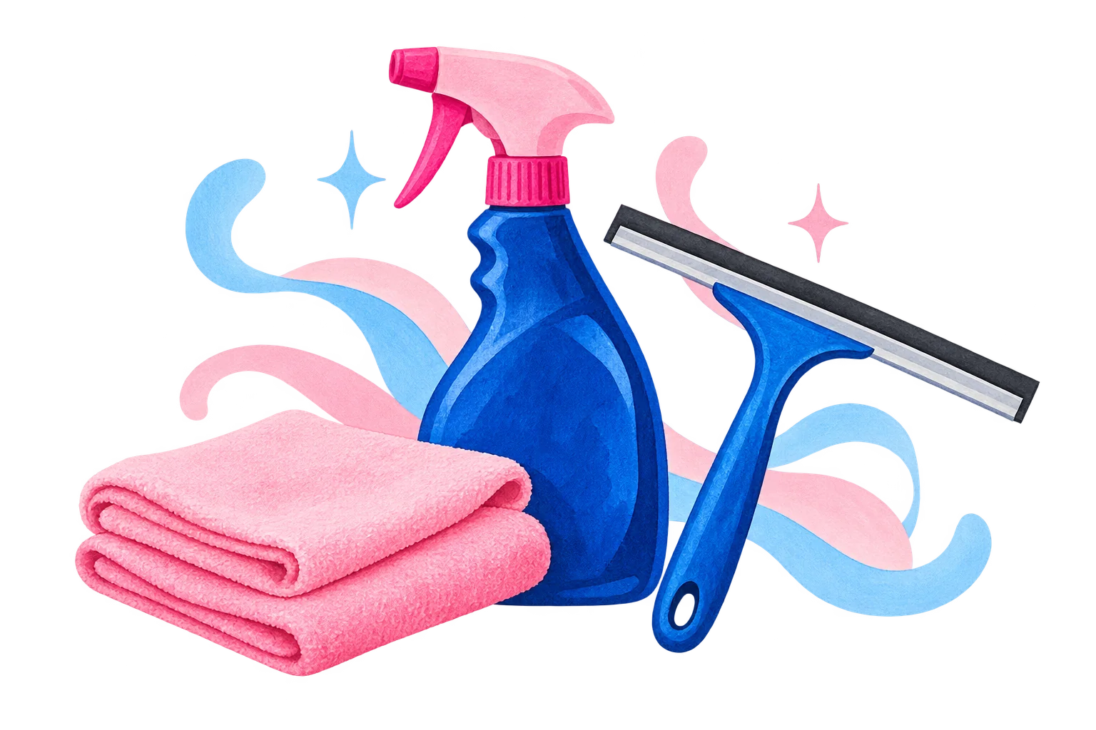 Original blue-and-pink illustration of cleaning supplies