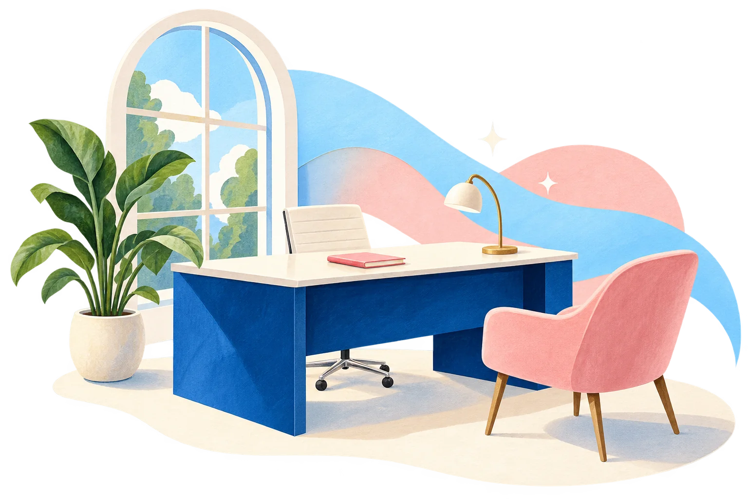 Ilustración original de un lugar de trabajo ordenado con muebles azules y rosas