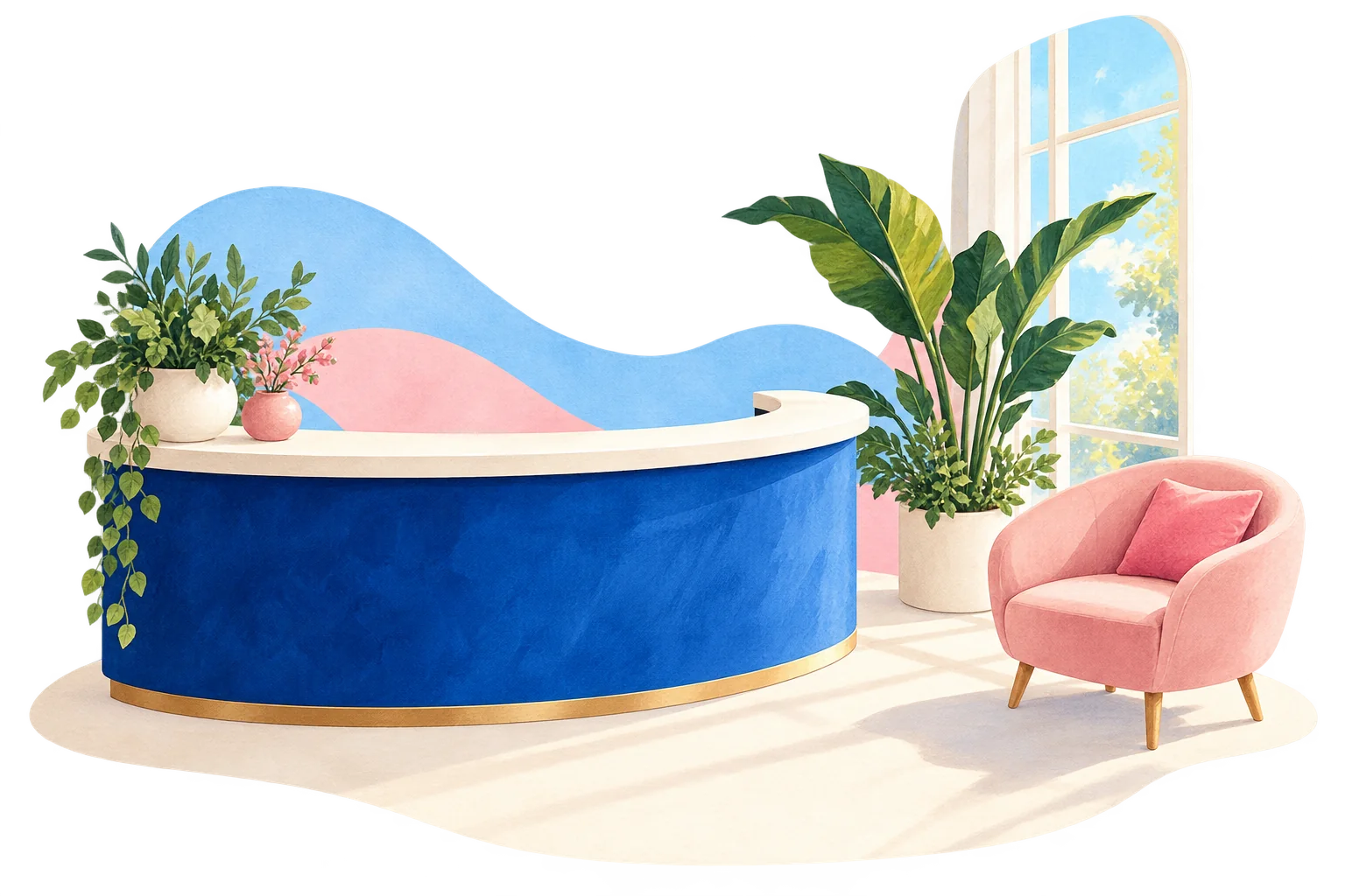 Ilustración de un mostrador azul y una silla rosa en un lugar de trabajo acogedor