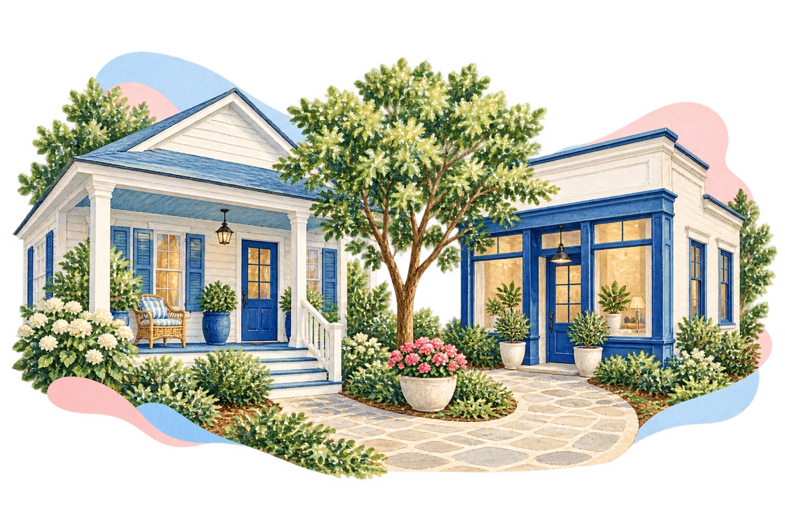 Illustrated neighborhood buildings with a leafy tree and a welcoming path