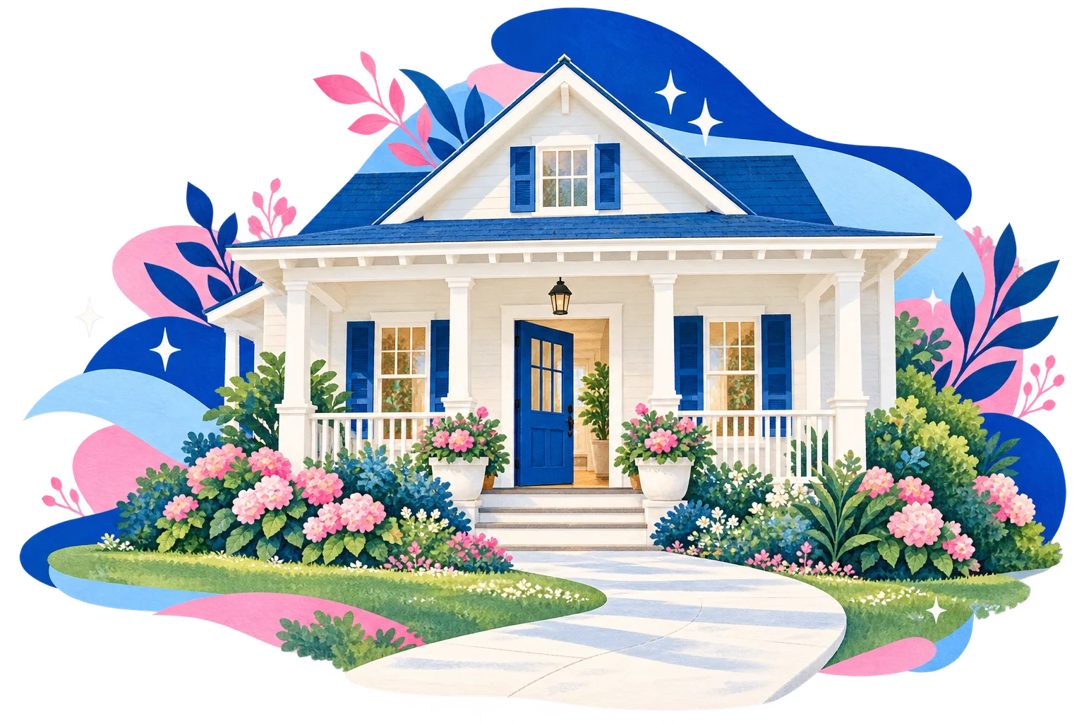 Ilustración original en azul y rosa de un hogar acogedor