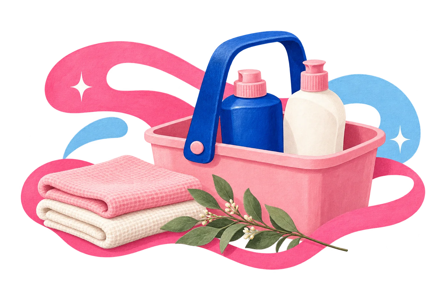 Ilustración de una cesta rosa de limpieza con paños doblados y una rama verde