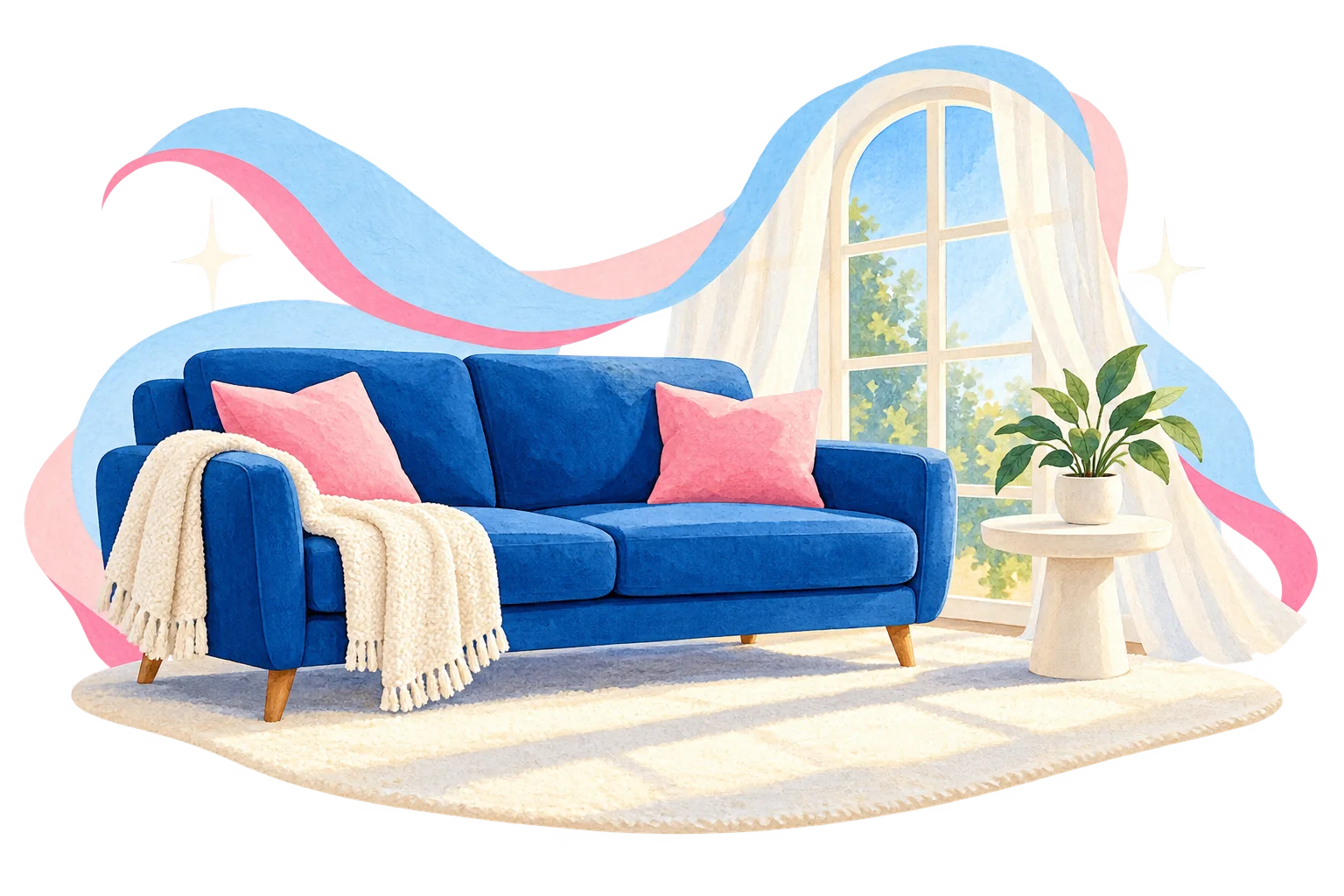 Ilustración original de una sala luminosa con un sofá azul y detalles en rosa