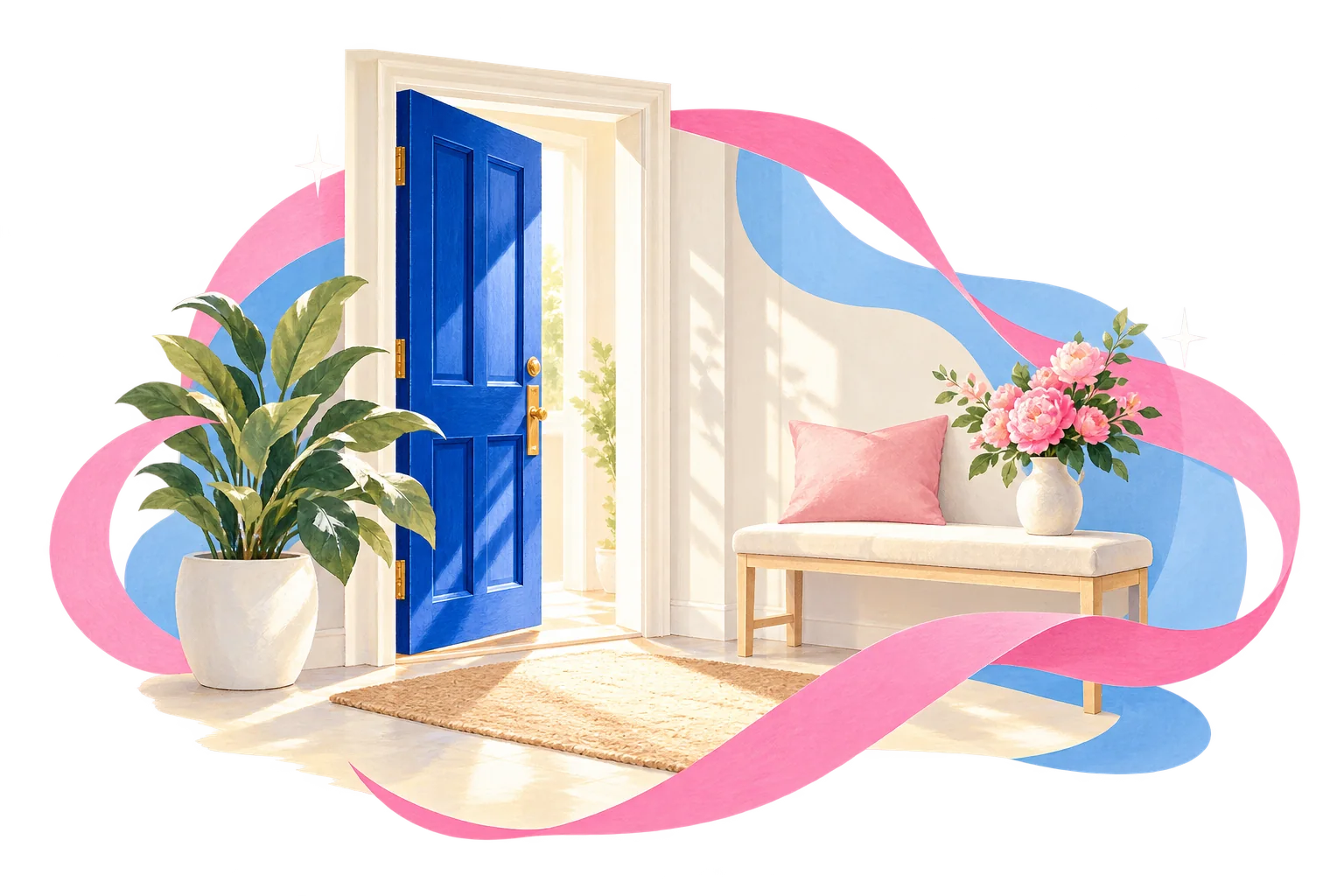 Ilustración de una puerta azul, un banco acogedor y flores rosas